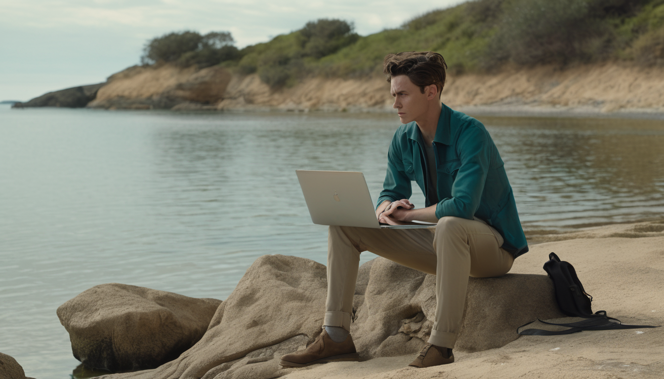 Neuankömmling mit Laptop im Freien in Deutschland